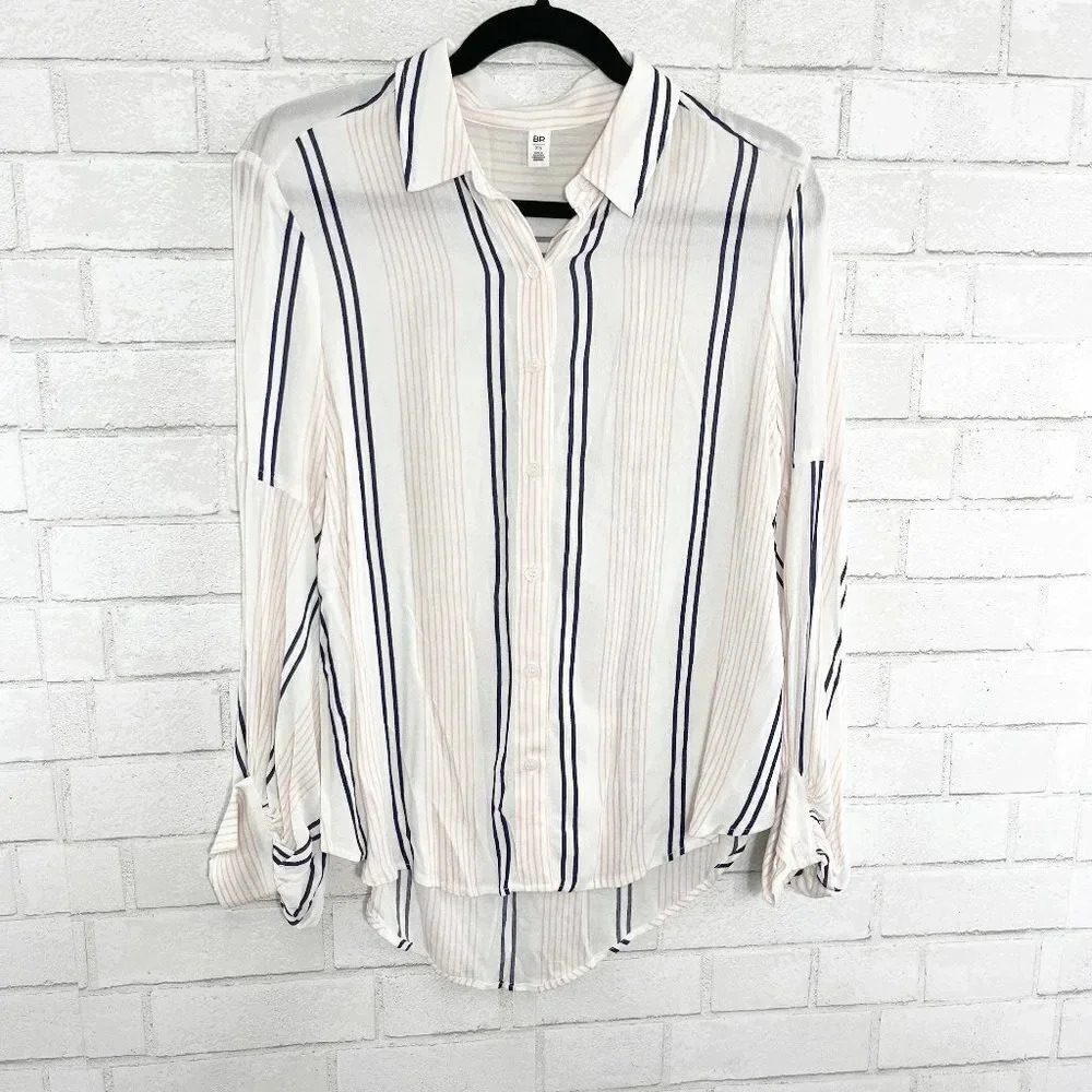 BP White Balloon Sleeve Blouse with Pink & Blue Stripes Women's Size XS